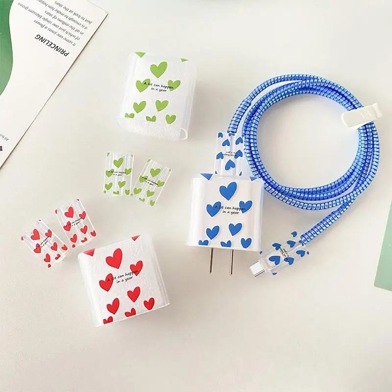 ∘Original Cute Love USB Charger Protector Cover Set Anti-Fray Cable Protection Case for Phone Tablet Daily Use