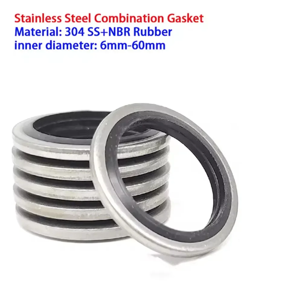 2/5/10Pcs 304 Stainless Steel Inner Dia 6-60mm Hydraulic Pipe Half Pack Combination Gasket Rubber Metal Sealing O-ring