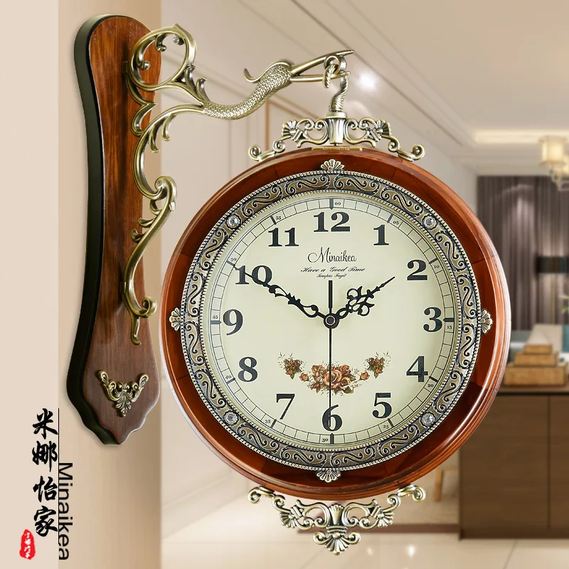 European solid wood double-sided, creative living room antique clock, silent scanning electronic clock quartz