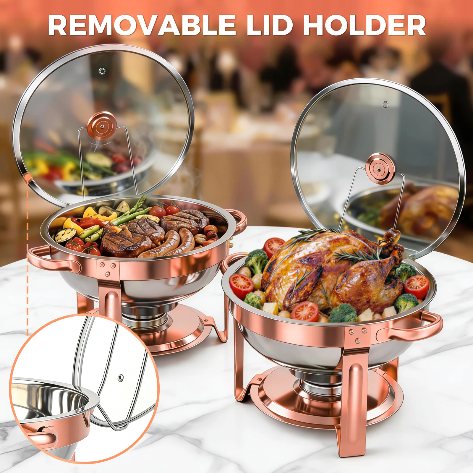 Chafing Dish Set Gold-Plated 5QT Round Warmer Server Stainless Steel 316 with Glass Lids – Premium Buffet & Hot Pot Serving for Parties Buffets Weddings Birthdays 1/2/4/6 Pack