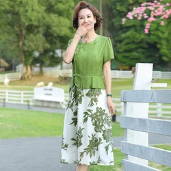 Middle-aged Woman Dress Women Short Sleeve Beach Vintage cheongsam Plus size green Patchwork printing Midi Dresses