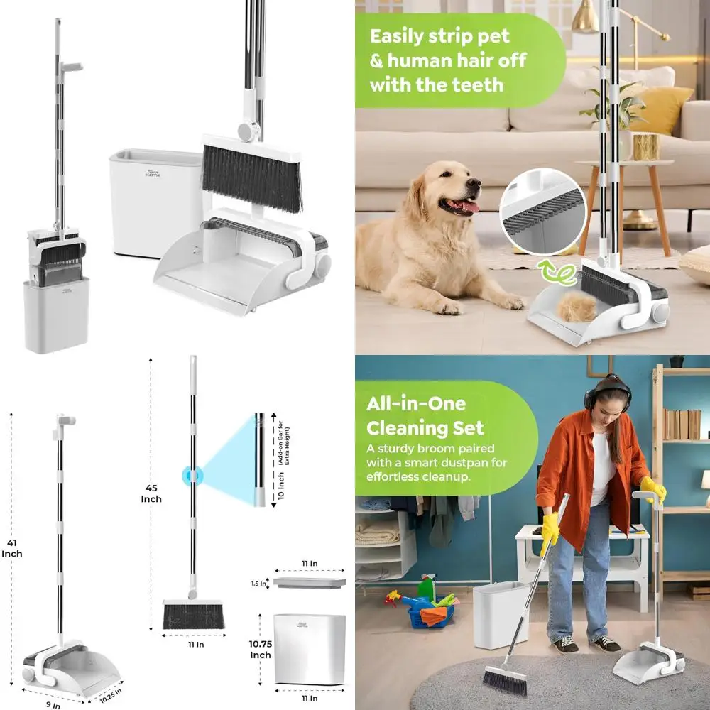 

Long-Handled Broom and Dustpan Set for Pet Hair, Compact Cleaning Tool for Home Floors and Tiles