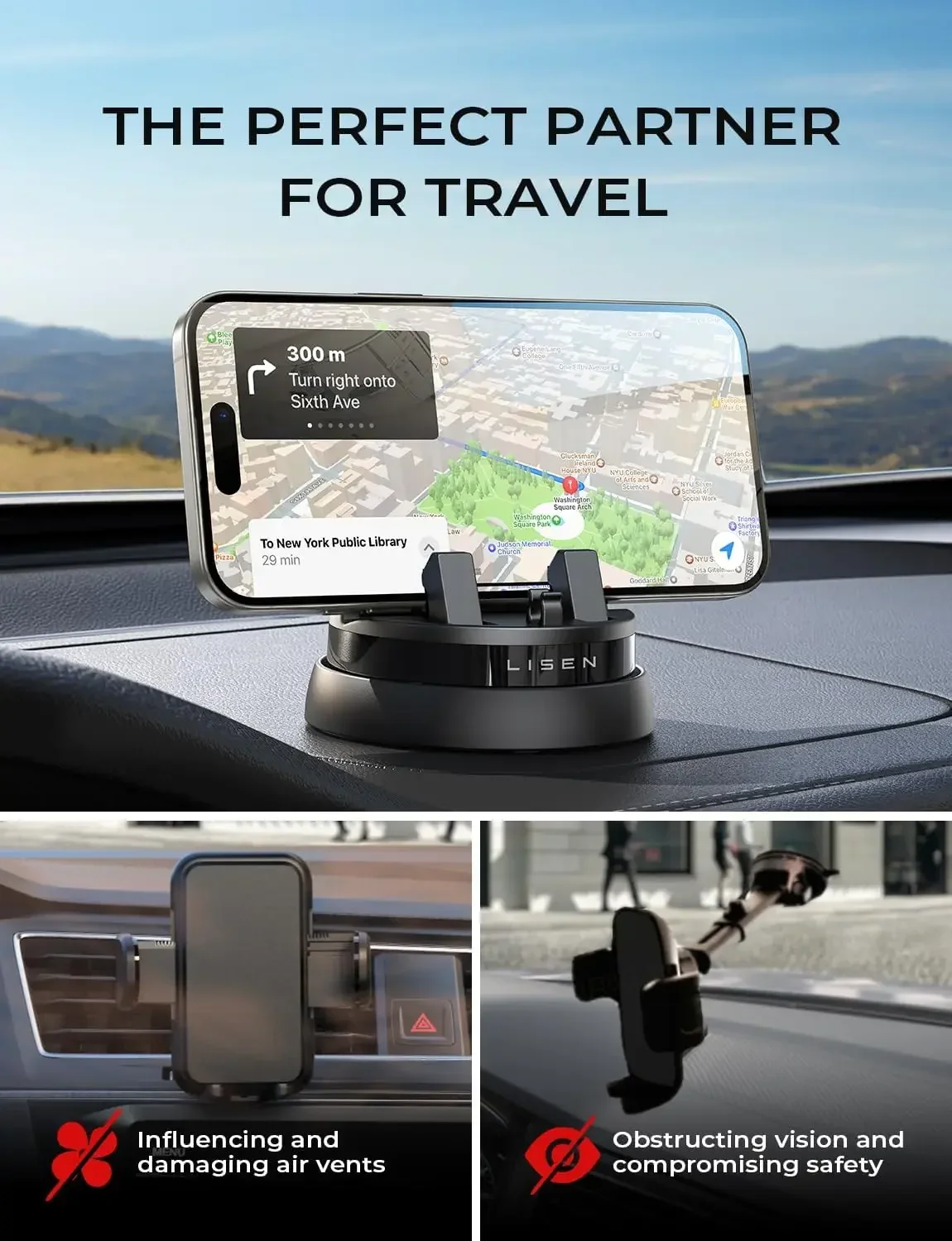 LISEN Car Phone Holder Mount Dashboard,360° Rotatable Dashboard Cell Phone Holder FOR iPhone 15 Pro Max/14/13/12,Samsung S23/22