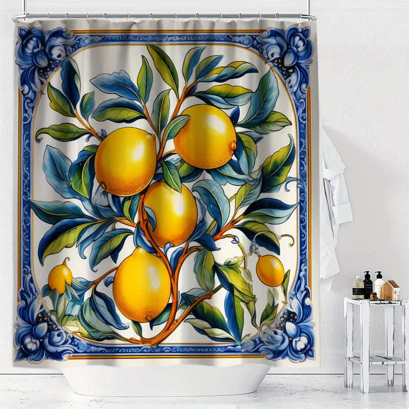 Lemon Branch Print Waterproof Shower Curtain with Hooks - Machine Washable, All-Season Polyester Bathroom Decor by YWJHUI