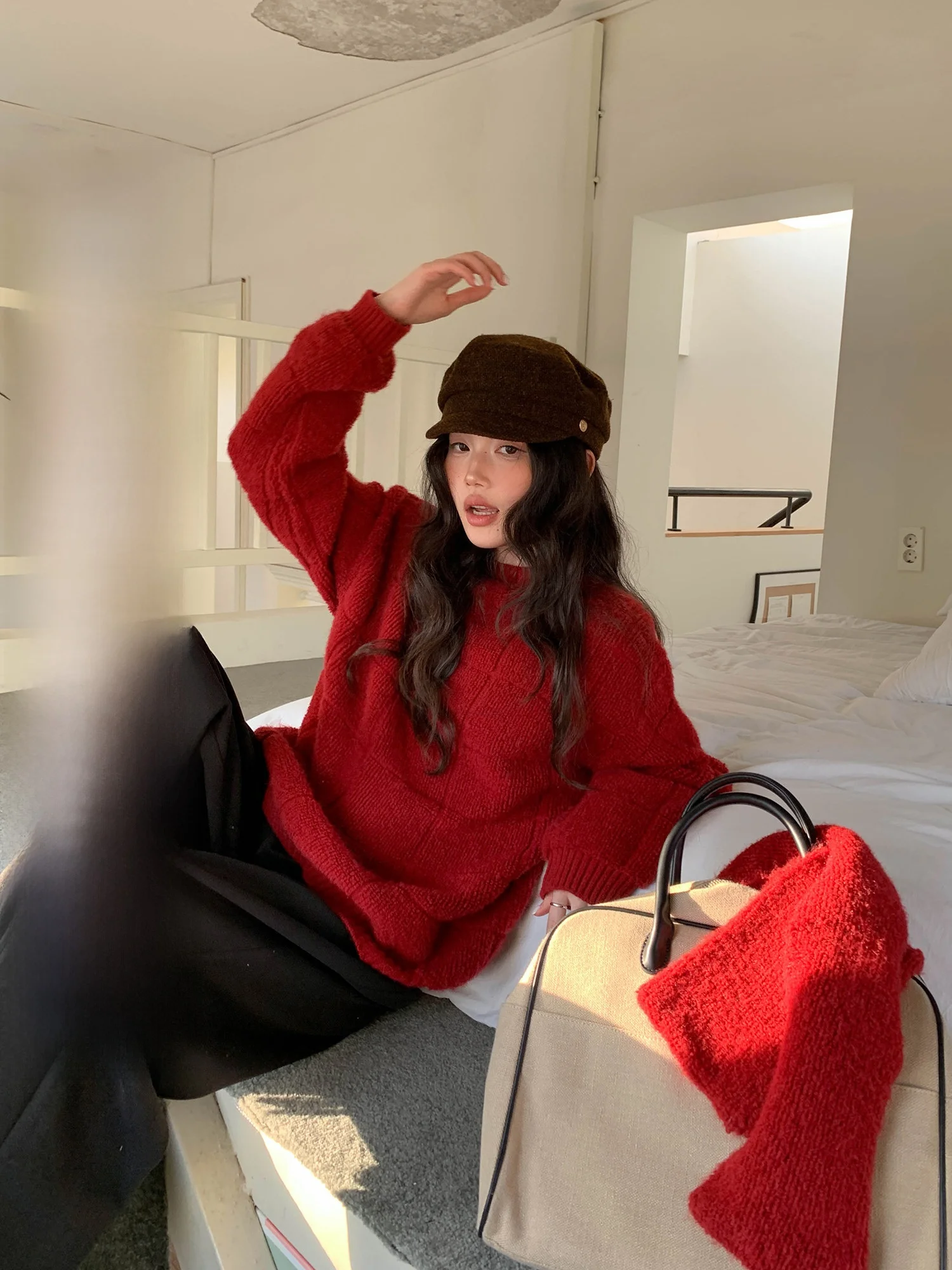 

Новогодний красный женский свитер свободного кроя, утепленный, вязаный, повседневный, зимний, эксклюзивно онлайн, длинный рукав, в клетку