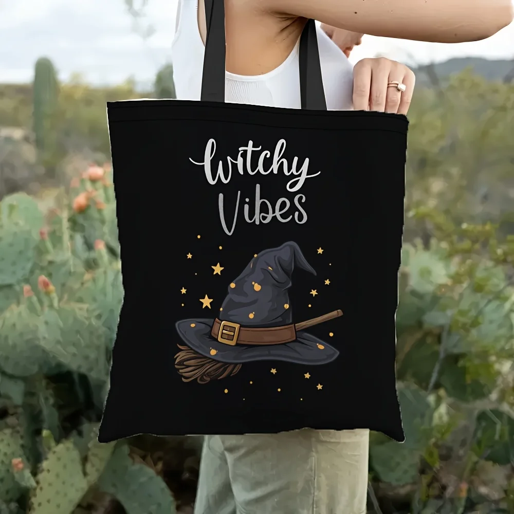 Witchcraf Vibes Halloween-Einkaufstasche, großes Fassungsvermögen, wiederverwendbare Umhängetasche für Frauen, gruselige Hexenhut-Sterne, Einkaufs-Reisetasche