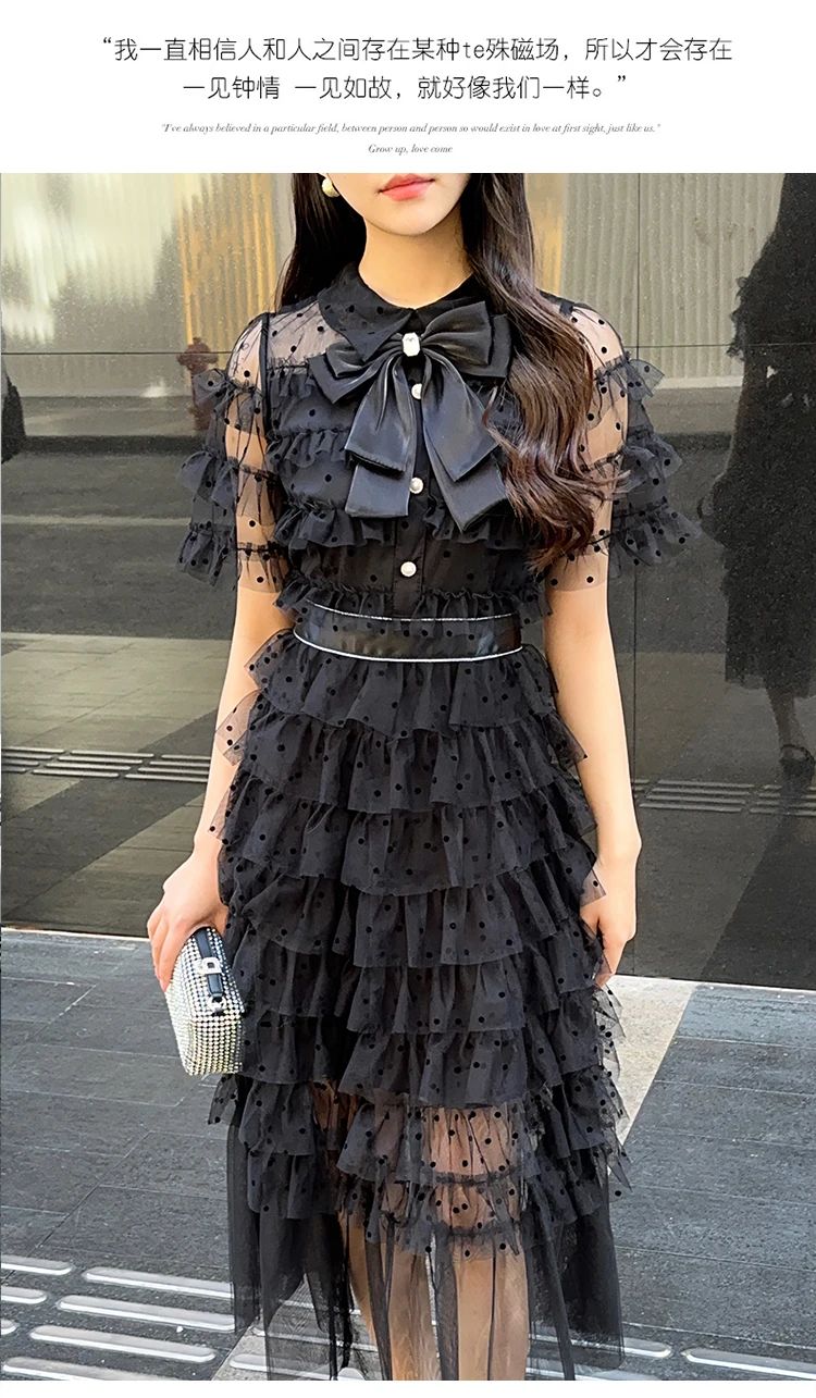 Polka Dot Flare แขนสั้นเพชร Maxi ชุดฤดูใบไม้ผลิและฤดูร้อนเอวสูง Multi Layered Ruffles Patchwork Vestidos