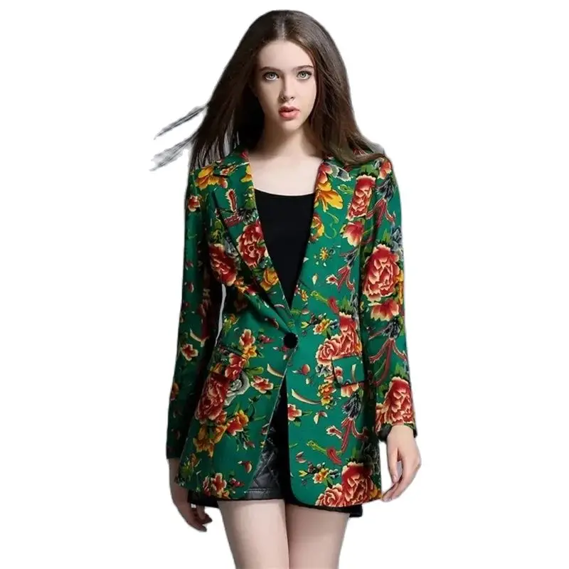 2024 Spring Autumn New Suit Jacket Women National Color Long Sleeve Linen Women's Plus Size Loose Coat Printing Outwear Female