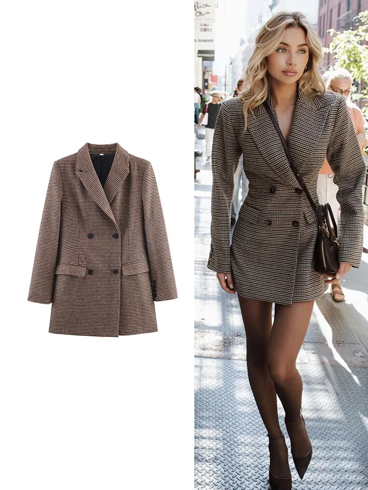 

Vintage Houndstooth Blazer For Women Winter New Fashion Slim Plaid Double Breasted Suit Jacket Elegant Lady Office Streetwear