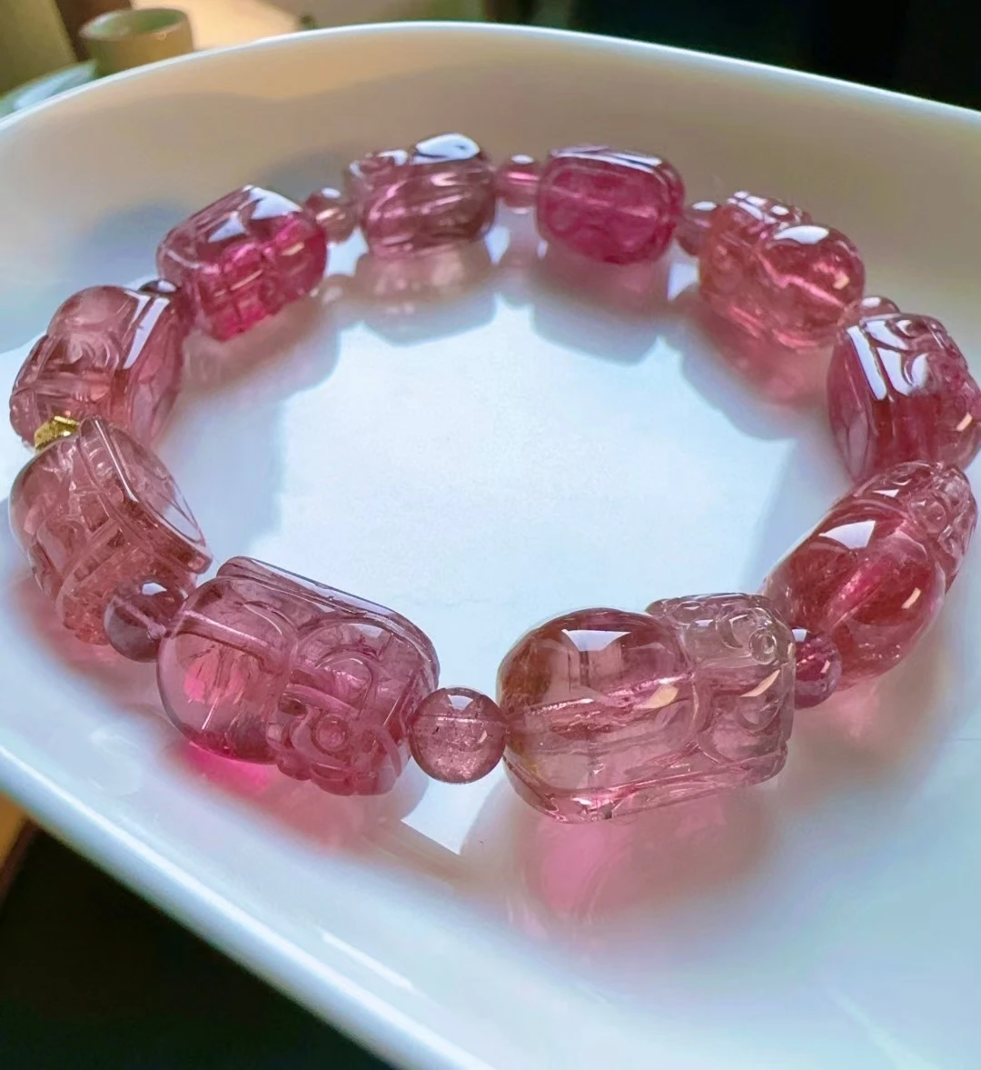 Natural Red Tourmaline Beads Bracelet Clear Pi XIu Beads 15.8/9.6/9.4mm Candy Tourmaline Women Jewelry AAAAAAA