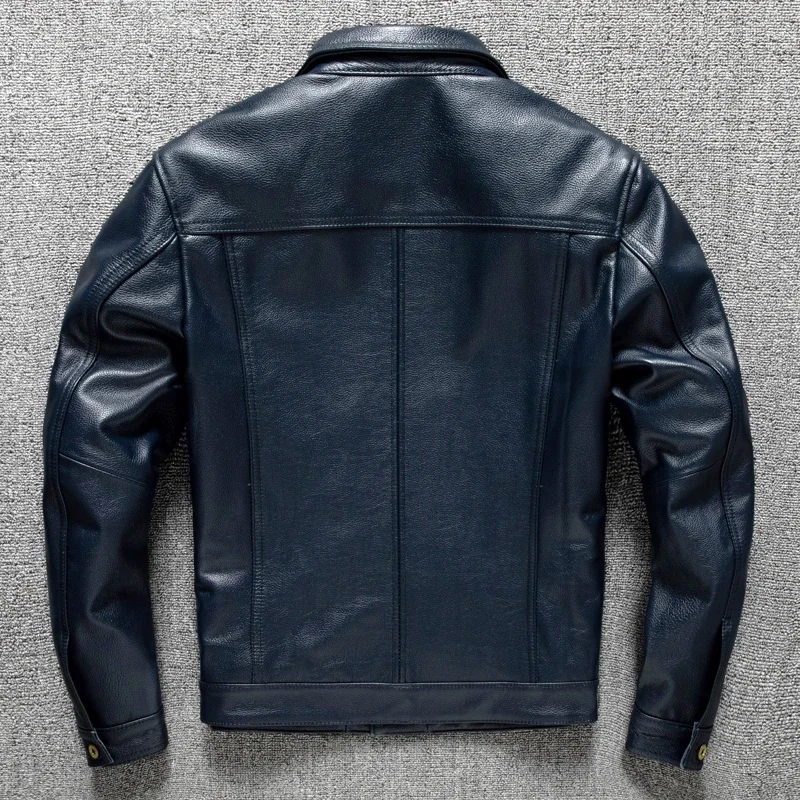 2025 Men's Leather Denim Jacket Fashion Slim Calfskin Cropped Plus Size Leather Jacket Blue