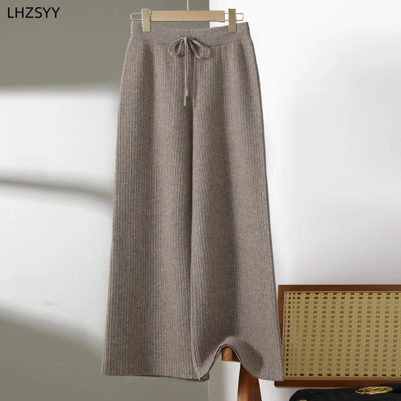 LHZSYY 100%Pure Cashmere Wide-Leg Pants Ladies New Pit Knitted Straight Pants Long Thick Casual Pants High Waist High-End Winter