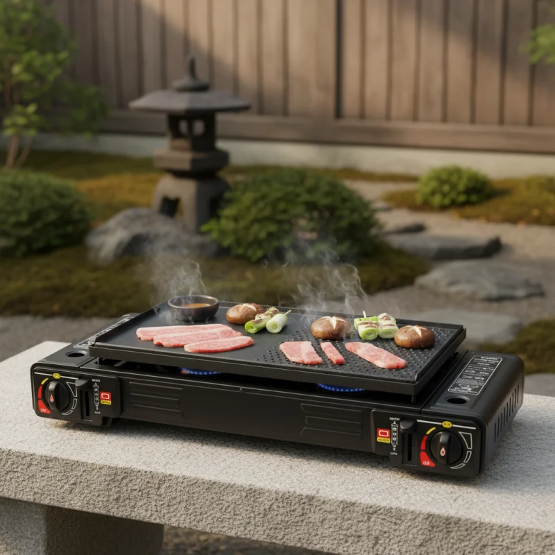 2 Burners Portable Camping Gas Stove With Carry Case Non-Stick Baking Tray Heat Resistant Rustproof Aluminum Iron Structure Safe Pressure Protection Anti-Slip Feet Dual Gas Input For Outdoor Travel Patio Barbecue