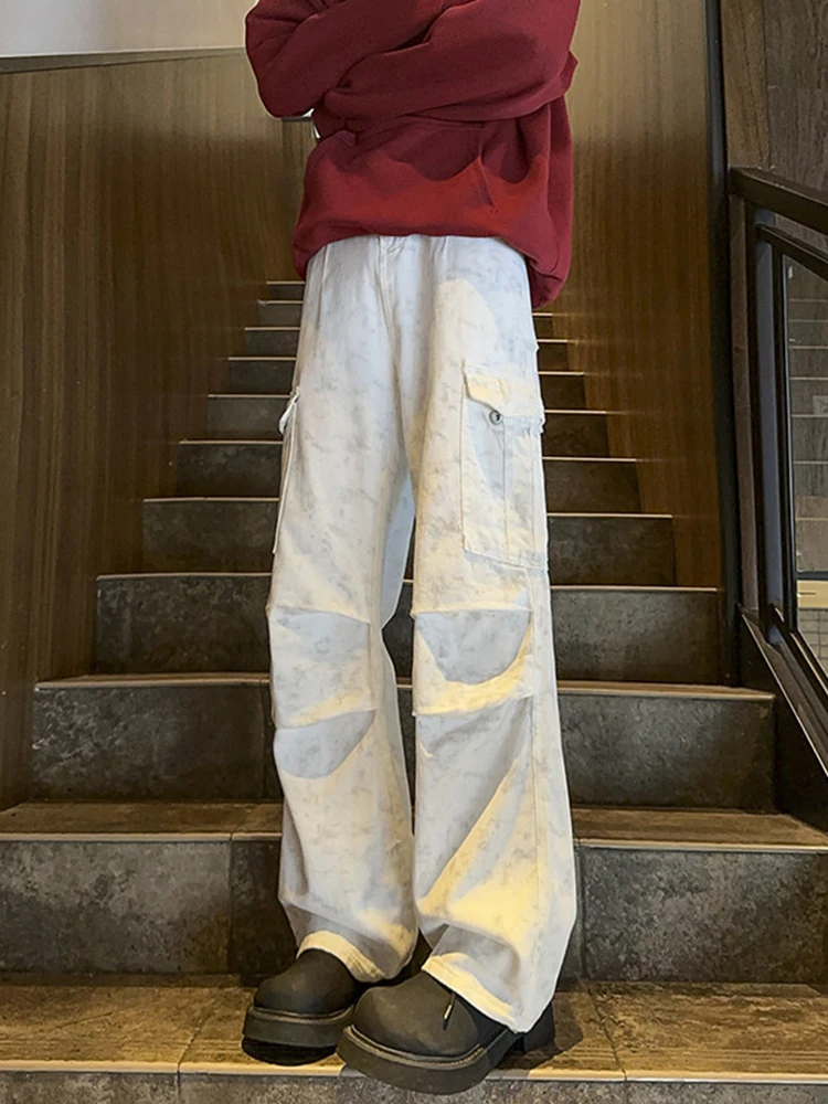 

Red Men's Denim Work Pants Autumn Winter Folded Design Cool American Retro Dir Sle Straight Leg Loose Fit Jeans