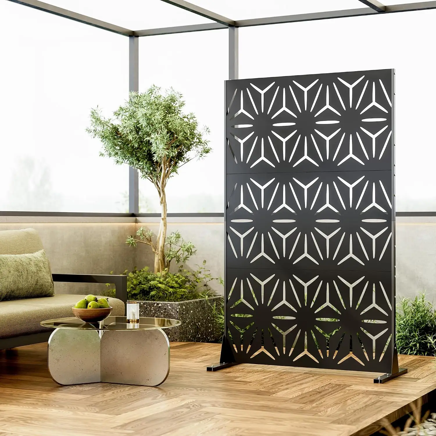 72" Metal Privacy Screen, Outdoor Freestanding Privacy Panel for Patio, Backyard, Balcony, Deck, Anti Tipping Kit, Weather Resistant Steel, Easy DIY Assembly, Modern Geometric, Black view 3