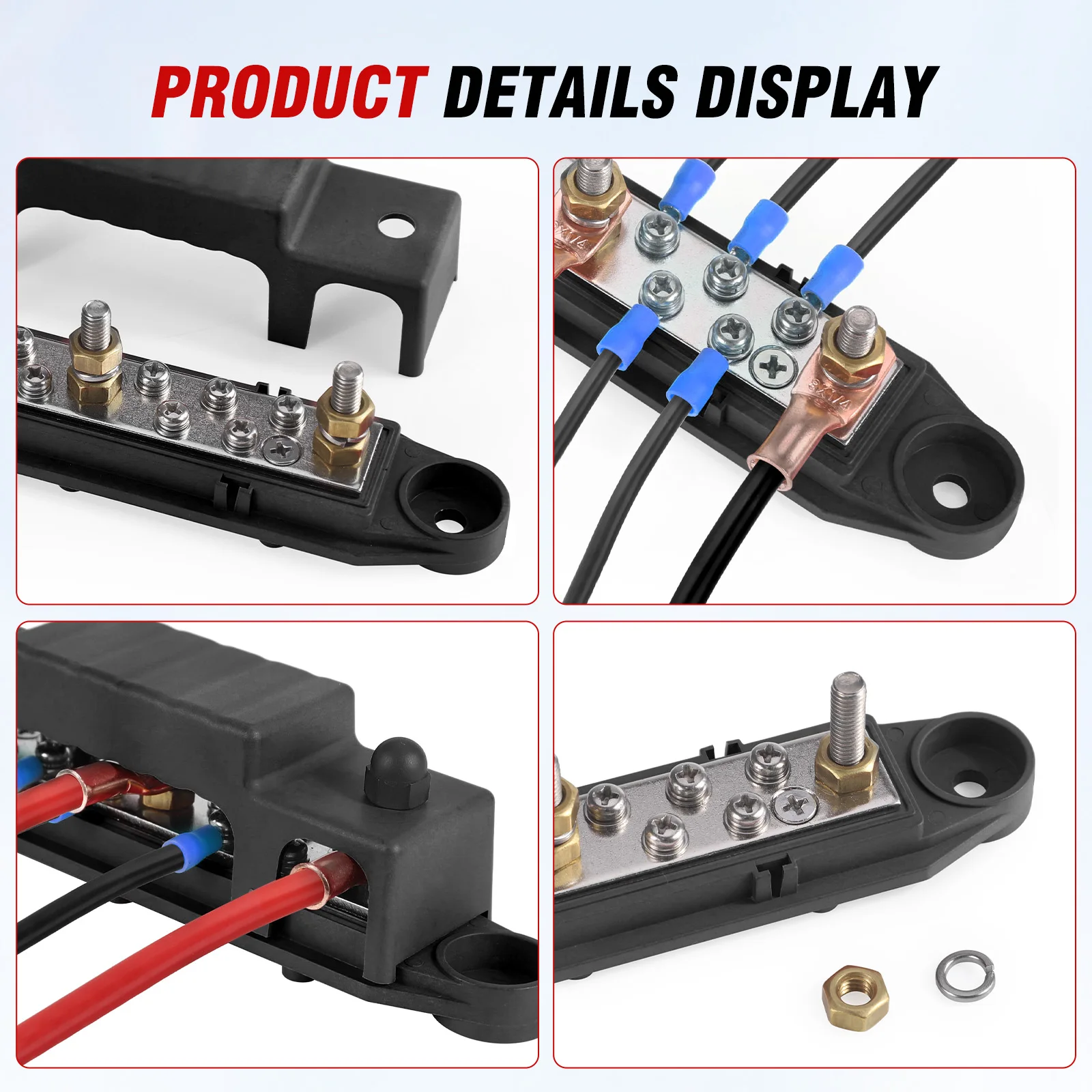 Hochleistungs-Stromverteilerblock 150A 12V-48V mit 10 Anschlussklemmen, Batterie-1/4-Zoll-Steckbolzen-Sammelschiene für Wohnmobil, Auto, Boot, Solarverkabelung – Detail 3