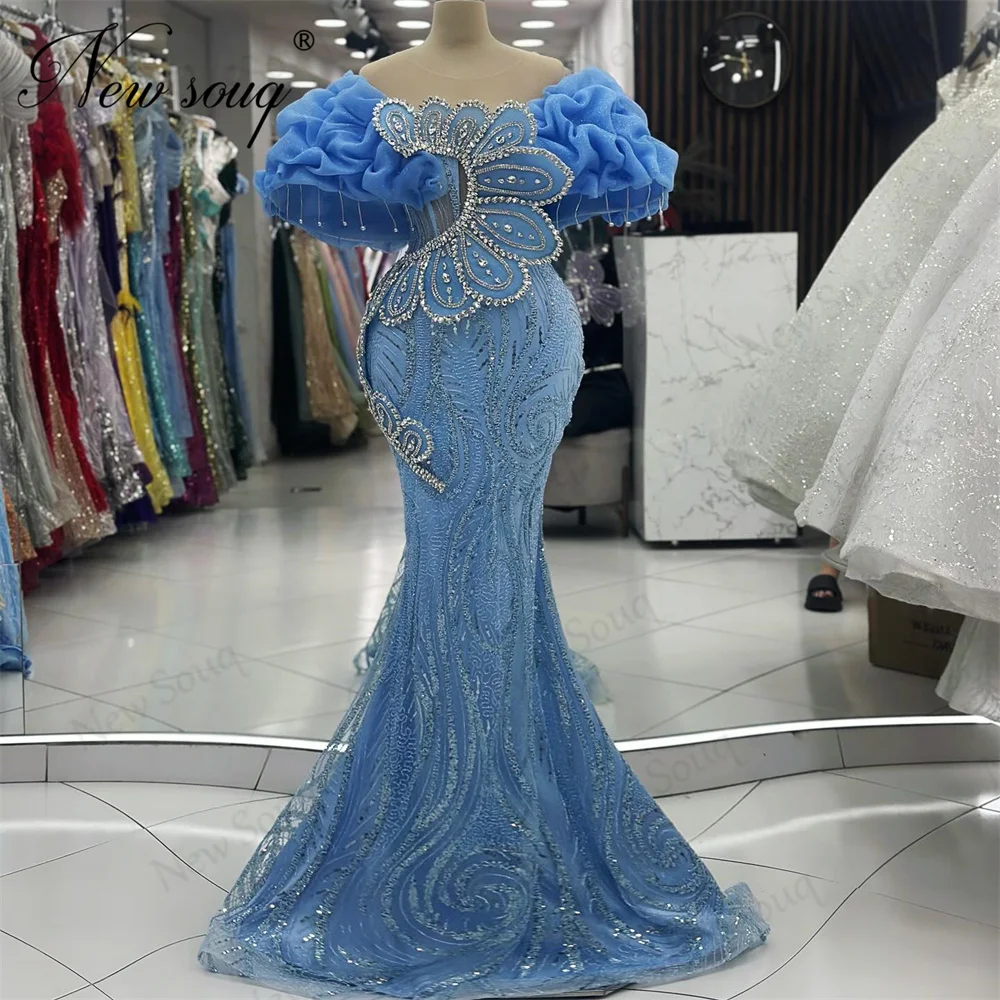 Blue Tiered Celebrity Dresses Custom Made Beading Crystals Female Evening Dresses Robes De Soiree Arabic Wedding Party Gowns