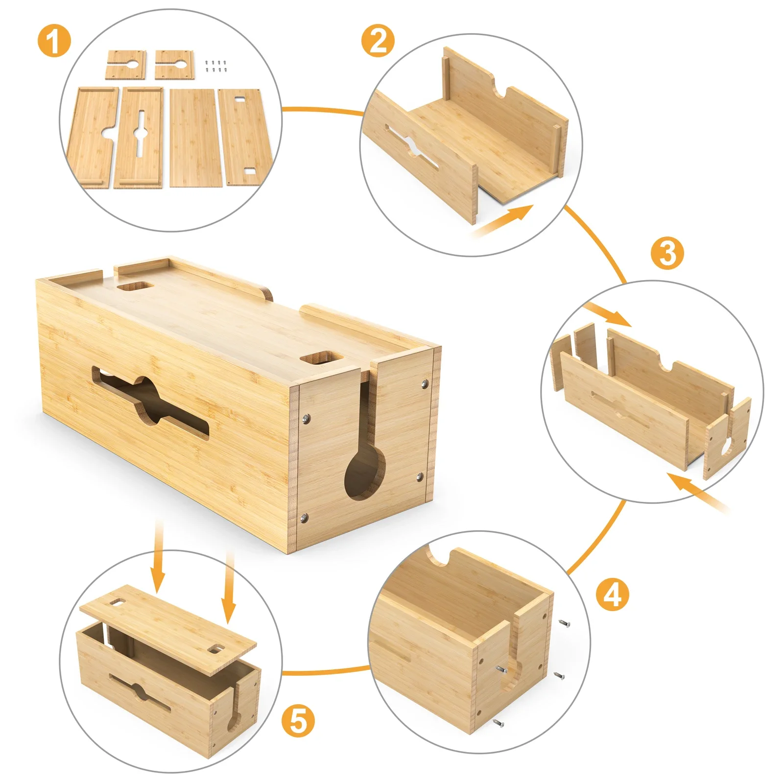 OEM Natural Bamboo Cable Management Storage Tissue Box With Cover Storage Charger Power Board Cable