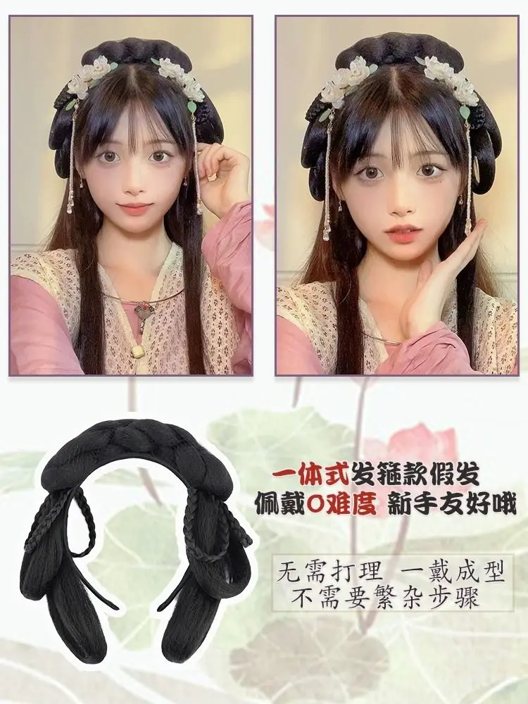 Ming Dynasty Hair Hoop - All-in-One Costume Wig with Built-in Bun for Beginners Historical Chinese hair accessories