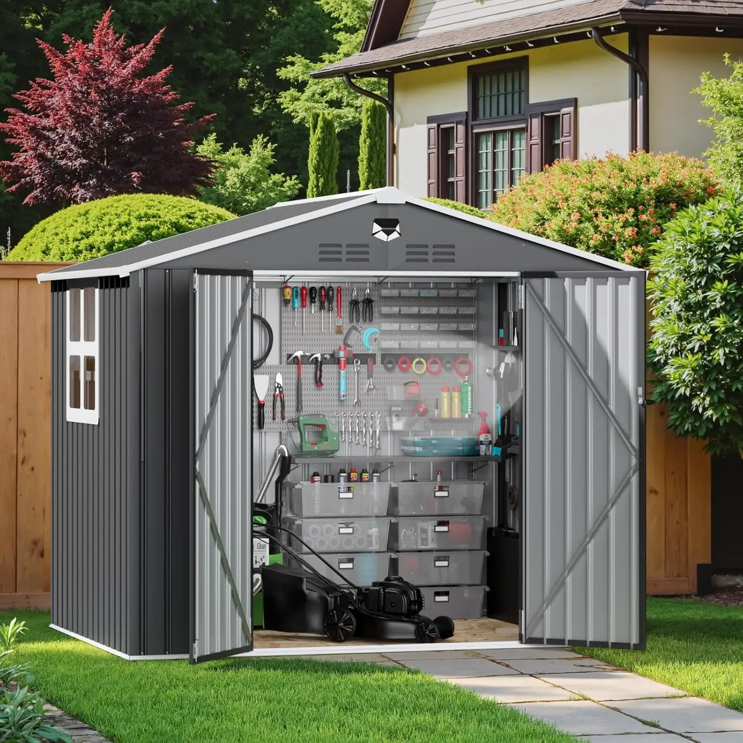 8x6FT Metal Storage Shed with Window Outdoor Garden Building Large Backyard Tool House, Customized
