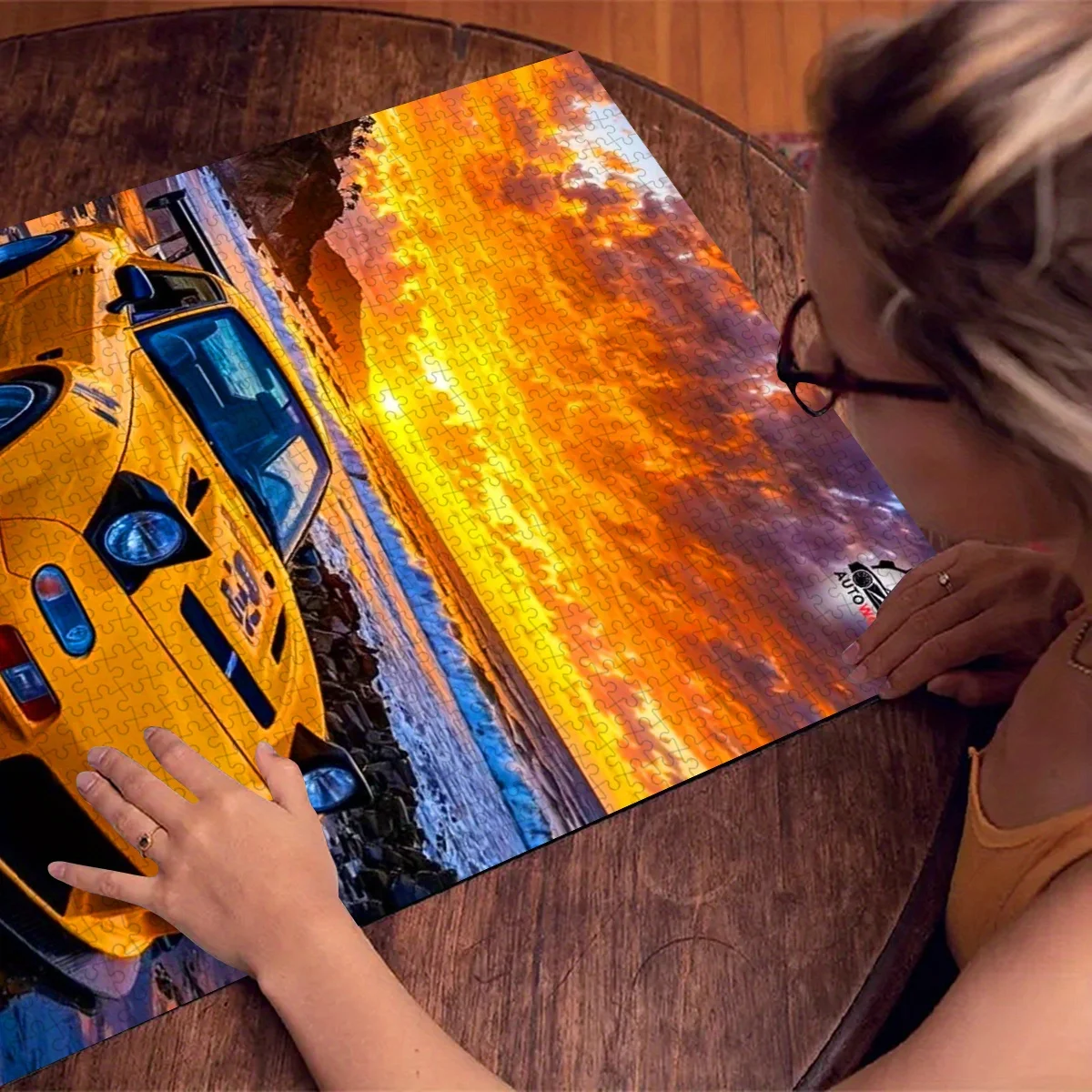 Vibrant Yellow Sports Car at Coastal Sunset Scene Jigsaw Puzzle Adult Automotive Theme Intellectual Game Home Leisure Decorative