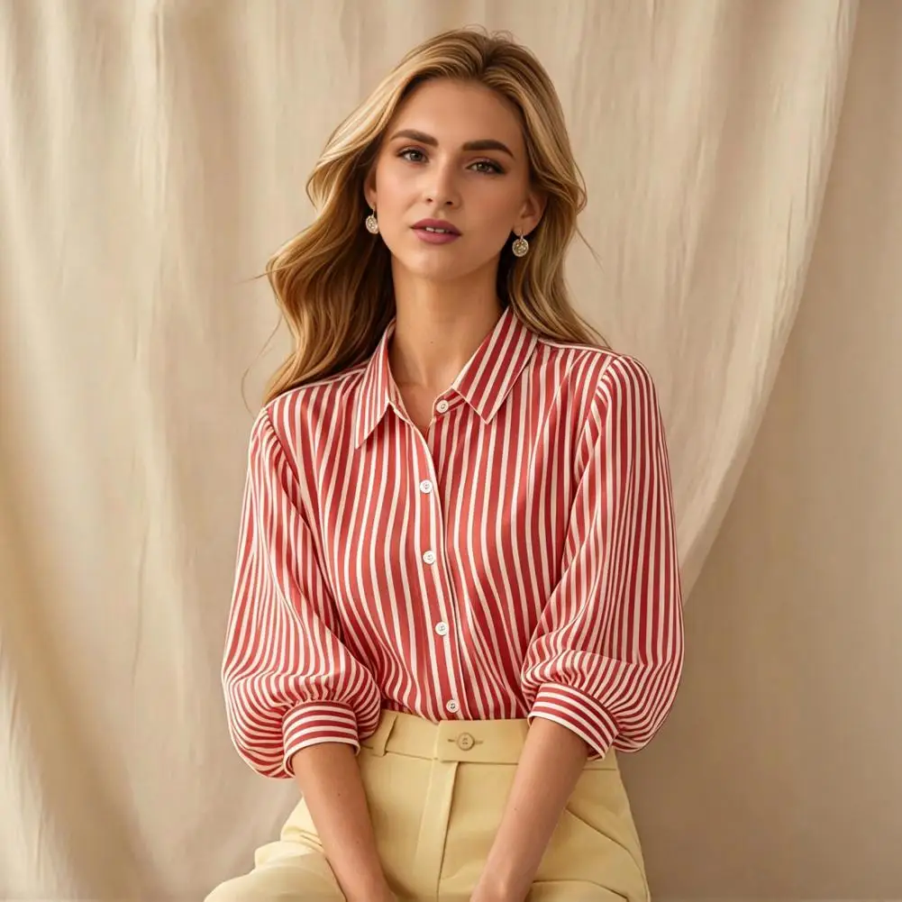 

Soft Women Top Women’s Striped Summer Shirt with Lapel Collar 3/4 Puff Sleeves Blouse Button Placket Loose Fit Soft for Wear