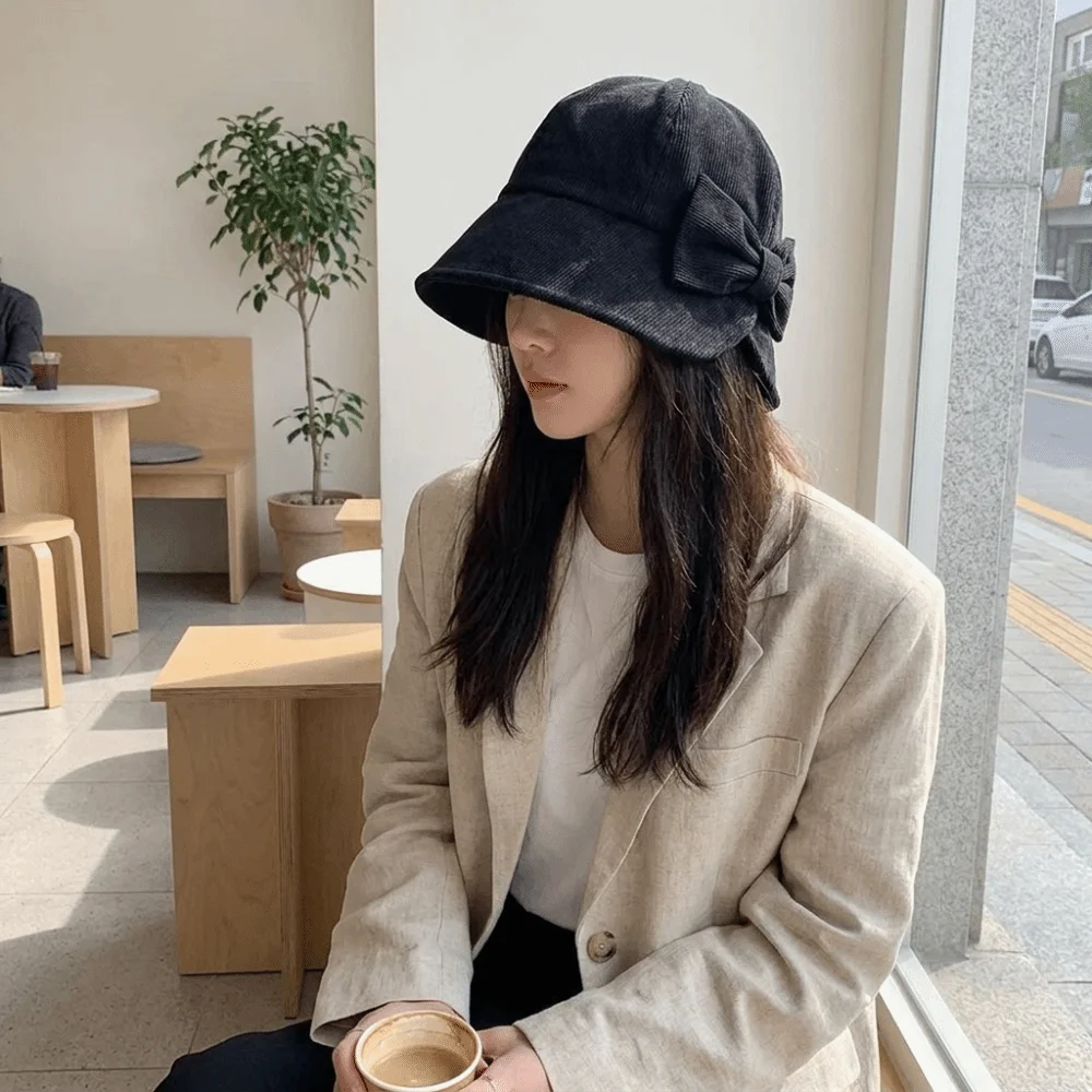 Vintage Small Brim Corduroy Bucket Hat Bowknot Face Slimming Fisherman Cap Lightweight Warm Basin Cap Lady Accessory
