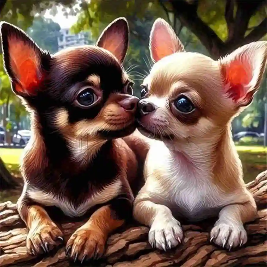 5D DIY Diamond Painting Kit Two Cute Chihuahua Puppies Snuggling On Tree Trunk Park Scene Handmade Mosaic Craft Wall Art
