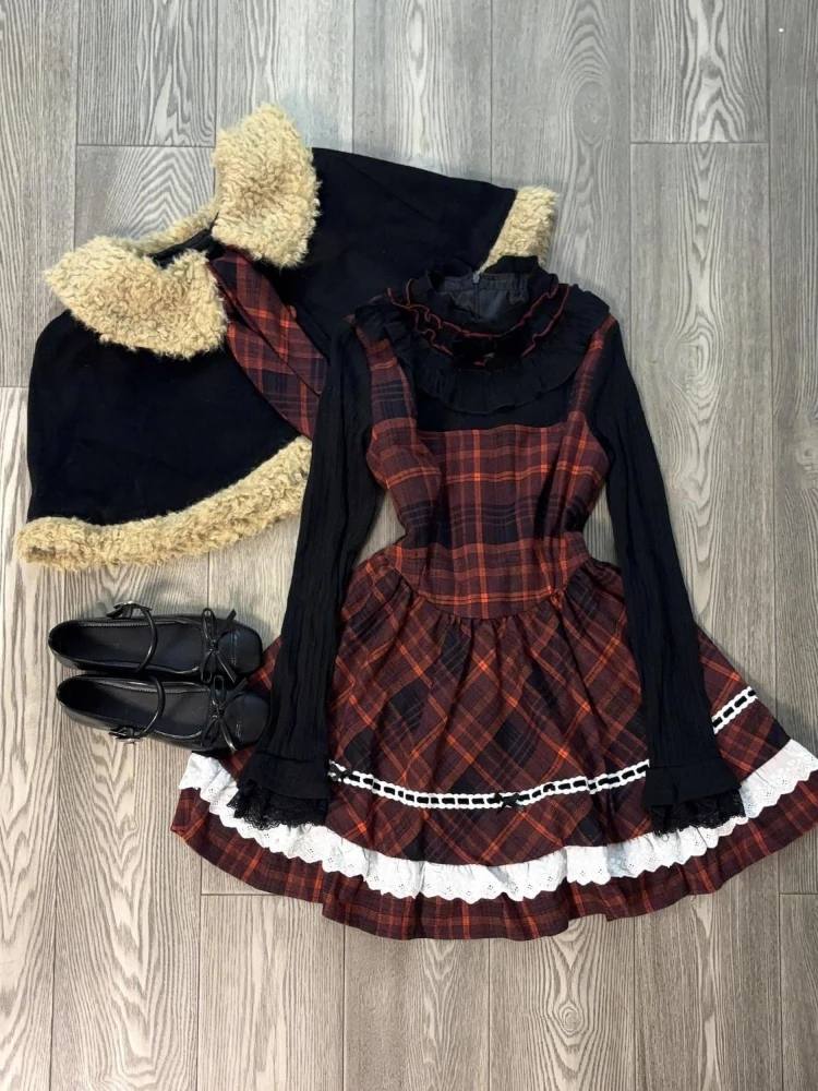 New Winter Japanese Sweet Fashion 2 Piece Set Women Vintage Design Cloak + Plaid Dress Harajuku Preppy Style Chic Lovely Outfits