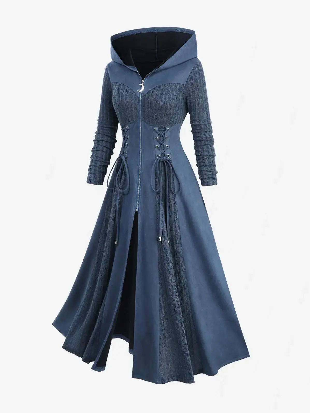 ROSEGAL Plus Size Hooded Coats Women's Autumn Winter Lace Up Grommets Zip Up Ribbed Textured Marled Patchwork Outwears Coat