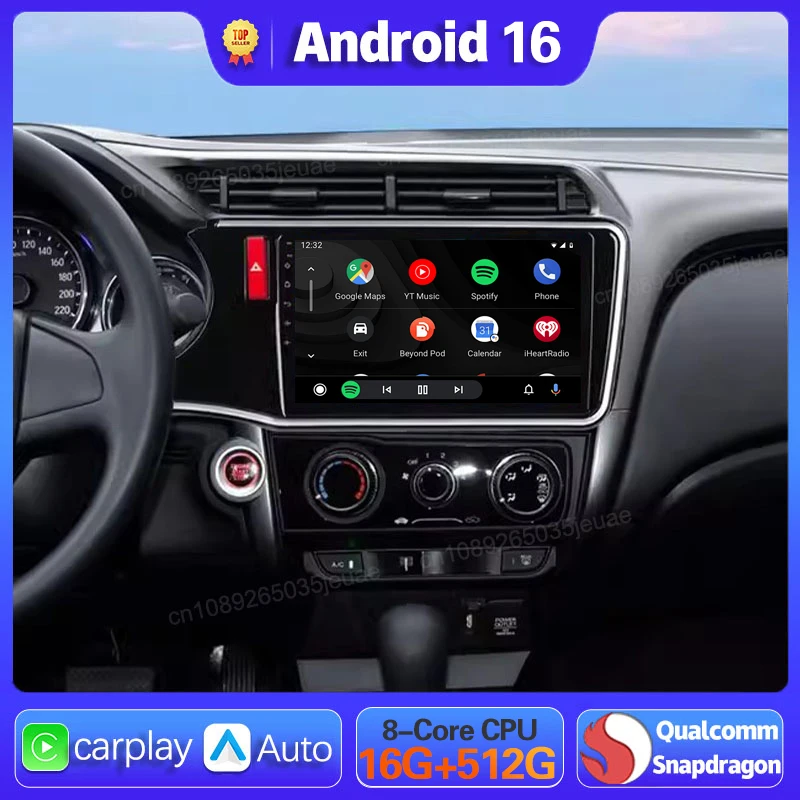 Android 16 Carplay Auto GPS For Honda CITY 2014 2015 2016 - 2019 Car Radio DSP Multimedia WIFI+4G Head Unit Stereo Player Video