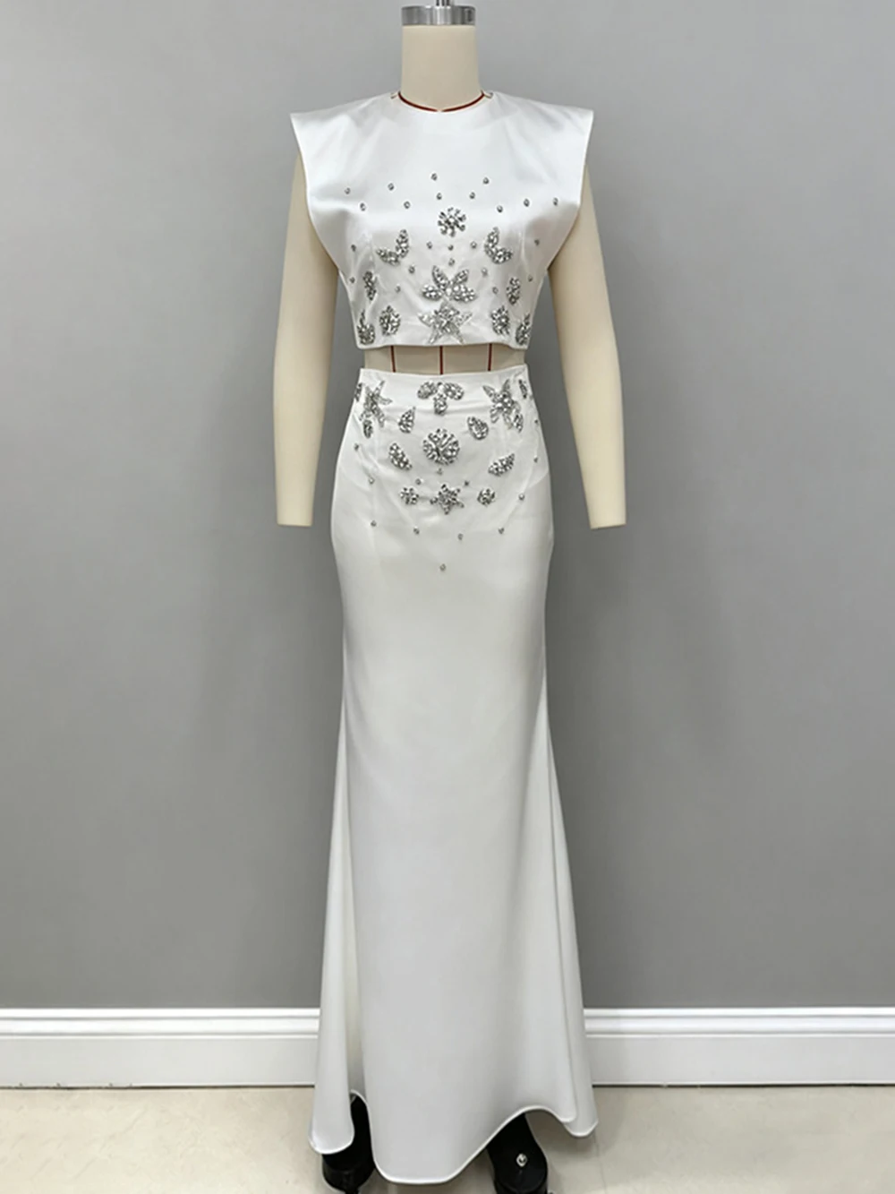 Modphy – jupe sirène de luxe blanche en diamant, ensemble deux pièces, robes formelles élégantes pour femmes, haut court sans manches + jupe longue