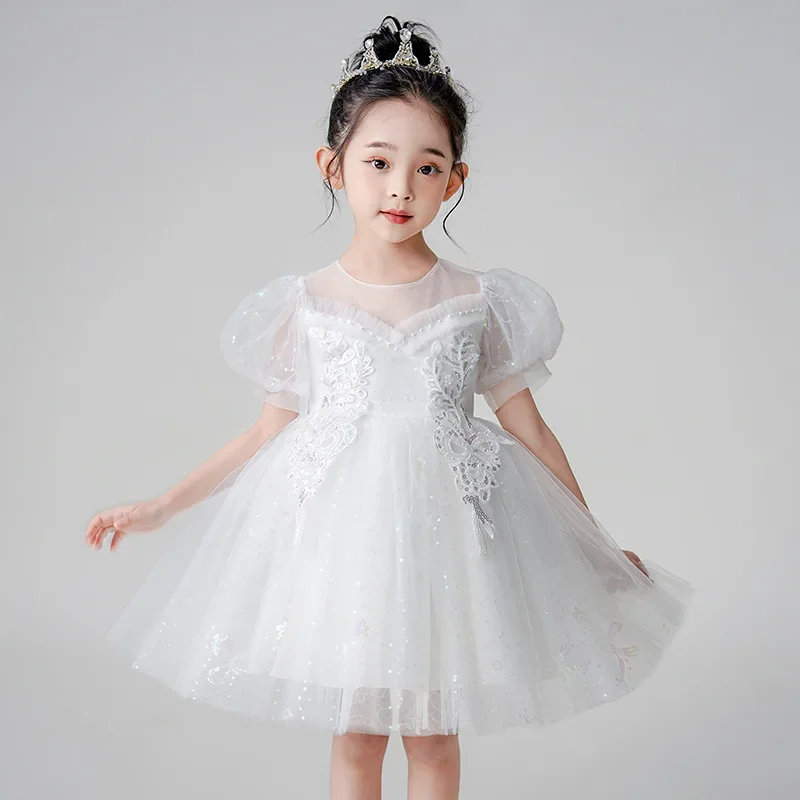 

Fashion Kids Girls Sequin Dress Lace Short Sleeve Flower Girl Dresses for Weddings Summer Children Girls Party Dresses 4-14Years
