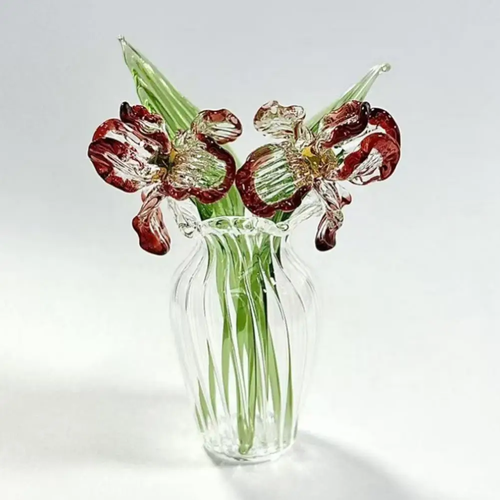 Handmade Glass Flowers Glass Blossom Sculpture Hand-blown Glass Flower Bouquet with Vase Mini Floral Decoration for Home Room