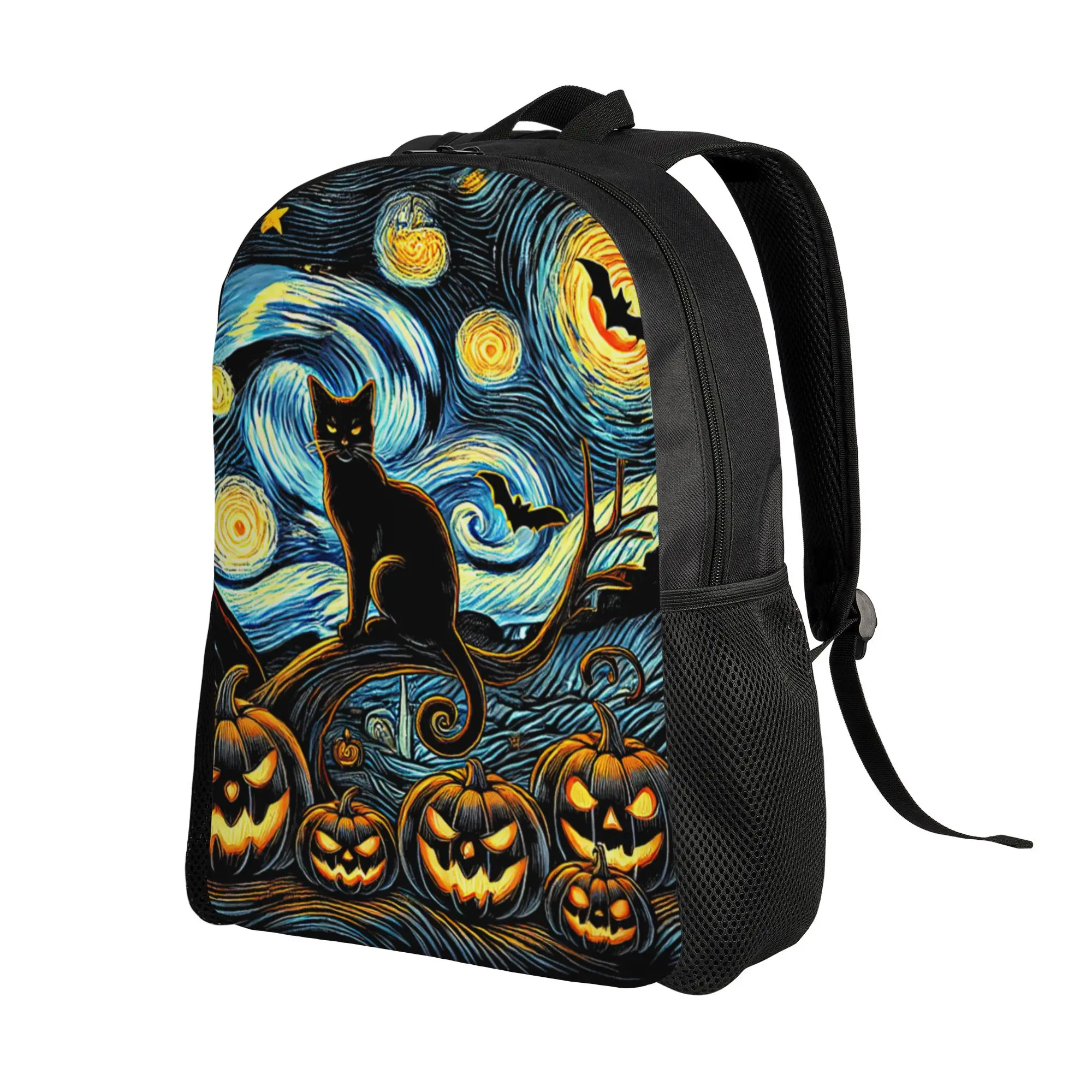 Halloween Van Gogh Starry Night Backpack High School Business Pumpkin Black Cat Daypack for Men Women College Shoulder Bag