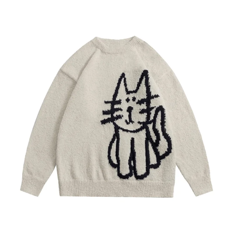 WOMEN Cute Cat Pattern Knitted Sweater  CasualWarm Stretchy Crew Neck Pullover for Fall and Winter