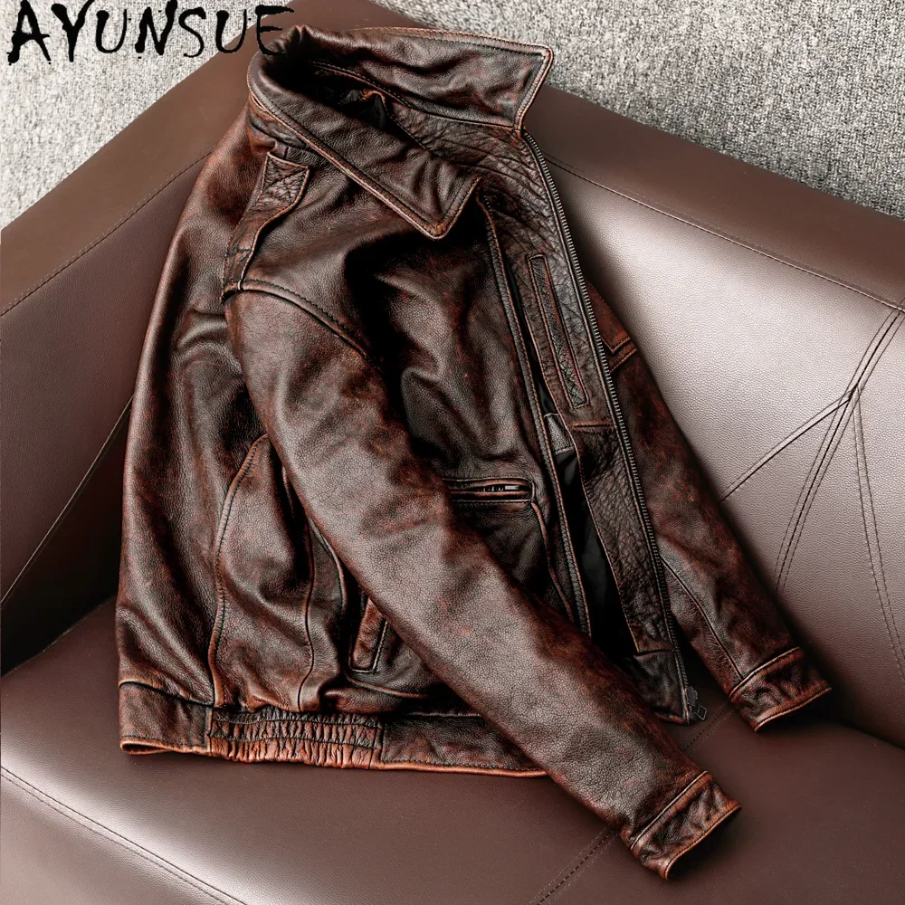 AYUNSUE chaqueta de cuero de vaca auténtico para hombre, abrigos cortos Vintage de piel de vaca, abrigos de cuero genuino a la moda para otoño, chaqueta Bomber para hombre, Chaquetas