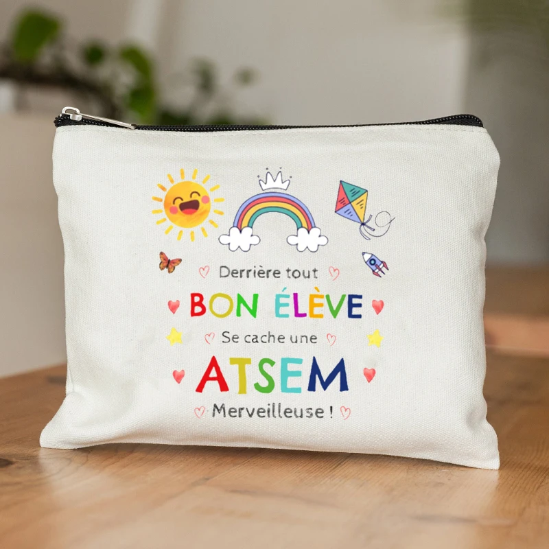 French School ATSEM Appreciation Design Toiletry Bag - Durable Polyester Zipper Pouch with French School Inspired Makeup Case