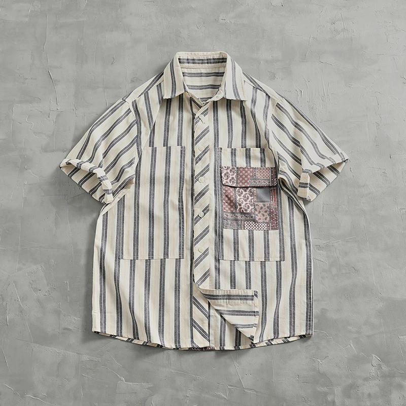 

Vintage fashion striped short-sleeved shirt men's top Vintage loom cotton patchwork fabric summer cargo shirt