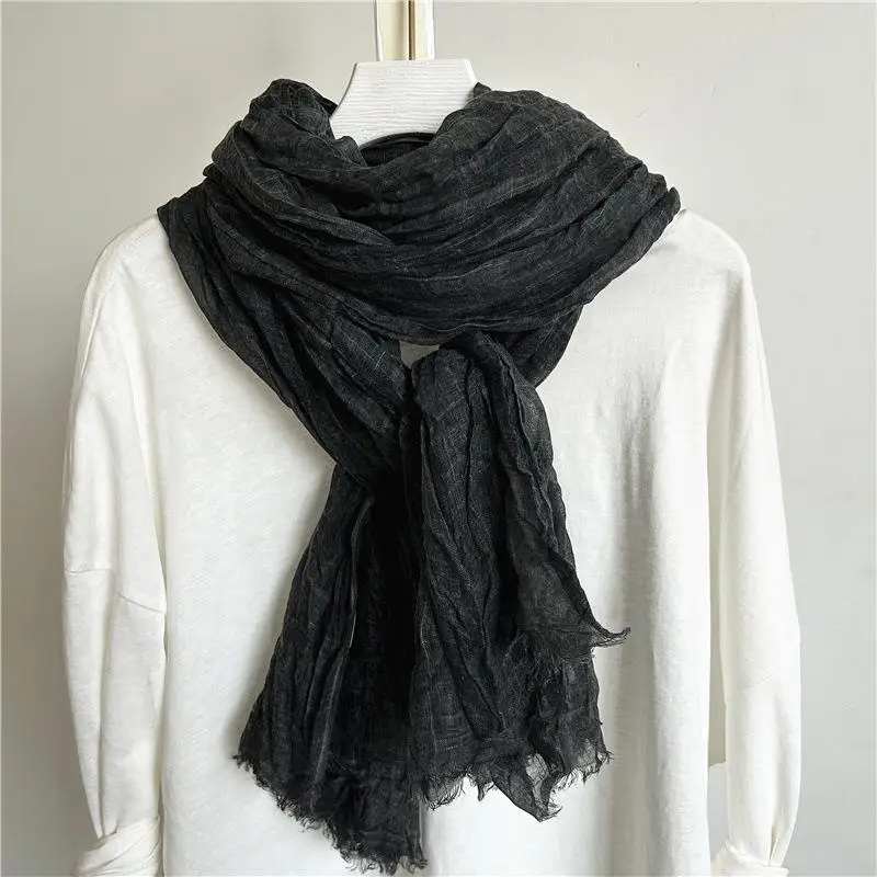 

Women Cotton Hemp Scarf Solid Color Pleated Long Scarf Winter Autumn Chic Scarf Warm Neck Warmer Retro Wrinkle Twisted Scarves