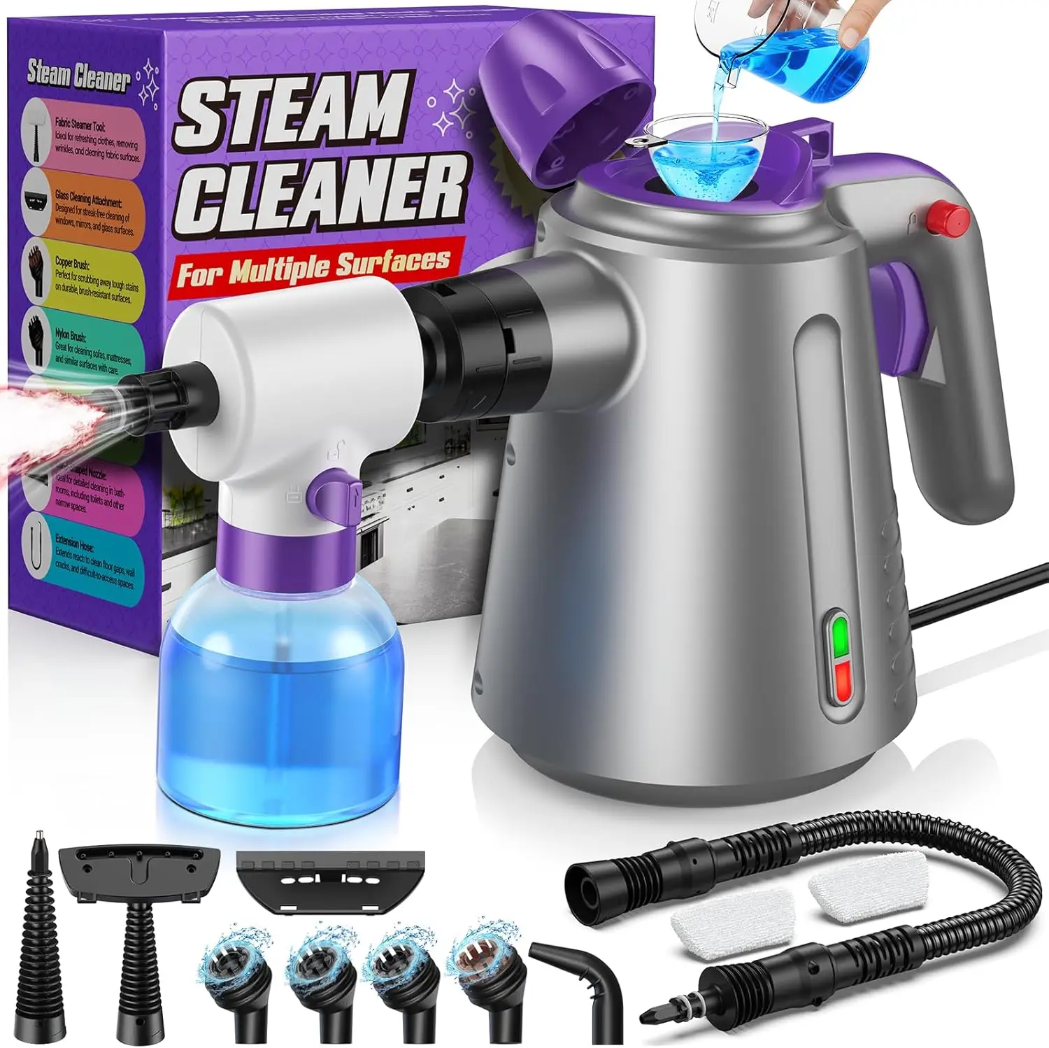 

Multi-Purpose Handheld Steam Cleaner with 14 Accessories for Home, Car, Furniture & Grease Removal