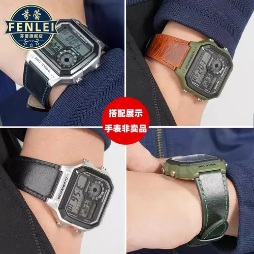 Imagen 2 del producto Correa de reloj Retro de cuero genuino para Casio AE1200 AE1300 A158W/A168 W-216H, correa de reloj Vintage, pulsera de boca convexa para hombre de 18MM