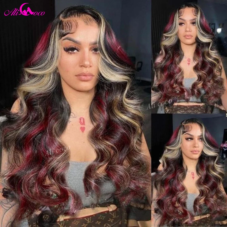 Black Red Blonde Highlight Wig Human Hair 13X4 Transparent Lace Front Human Hair Wigs Pre Plucked 180% Density Highlight Red Wig