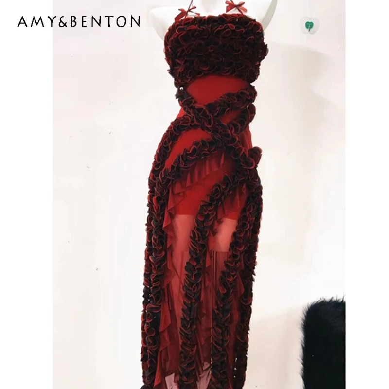 

European American Red Palace Jacquard Halter Women's Dress Original Design 2025 New Lolita Sleeveless Mid-Length Dresses Ladies