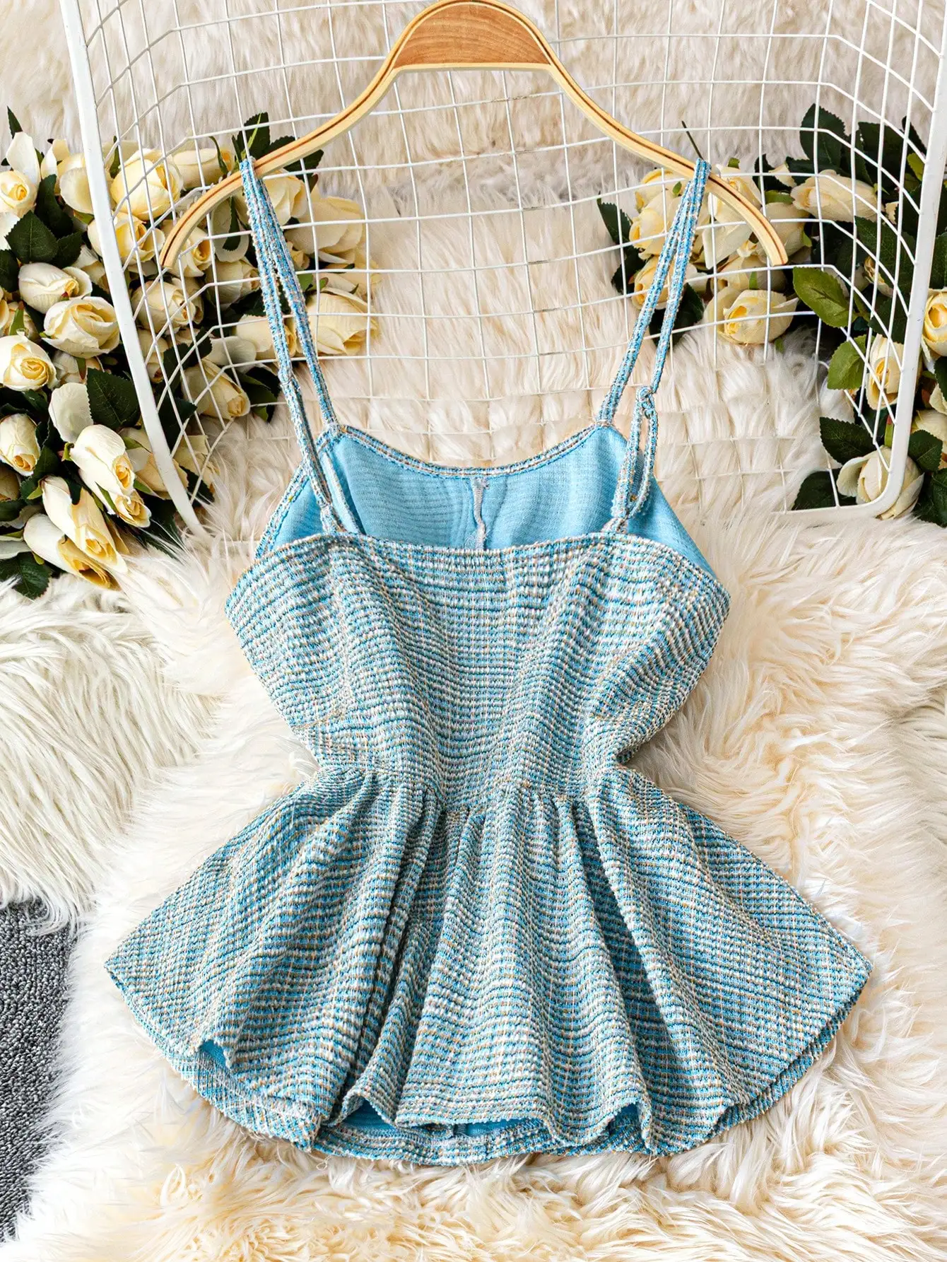 Elegant Office Lady Tweed Camisole Top Korean Style Sweet Plaid Vest Summer Party Clubwear Sexy Backless Sleeveless Blouse