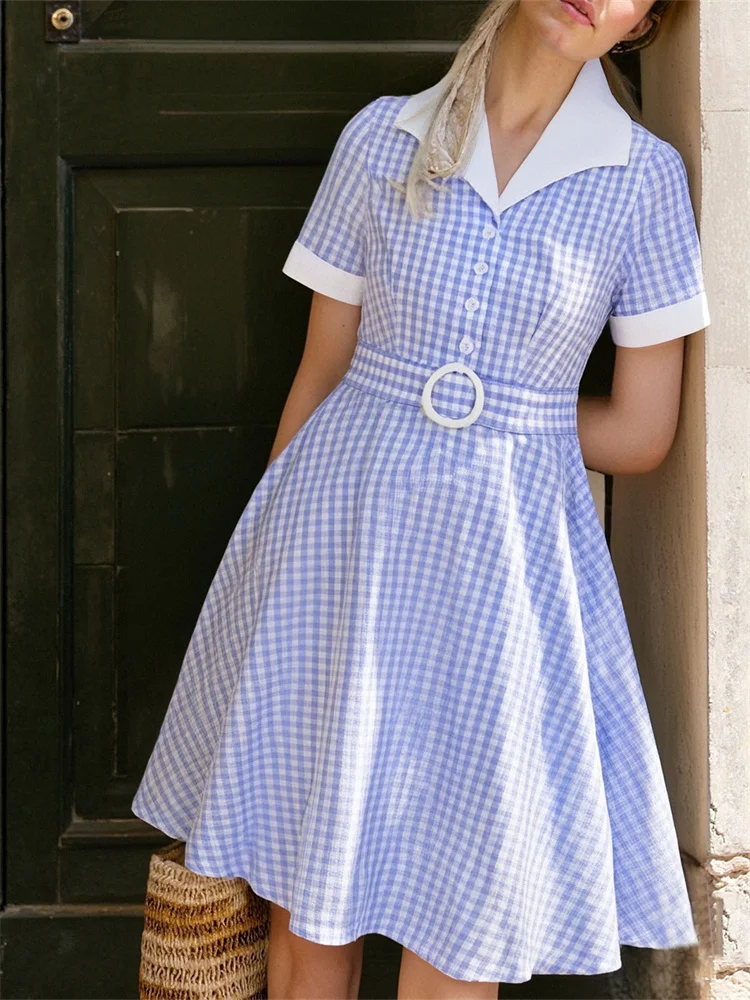 

50s 60s Hepburn Patchwork Vintage Big Swing Women's Dress Turn Down Collar Office OL Elegant Shirt Party Dresses with Belt 2025