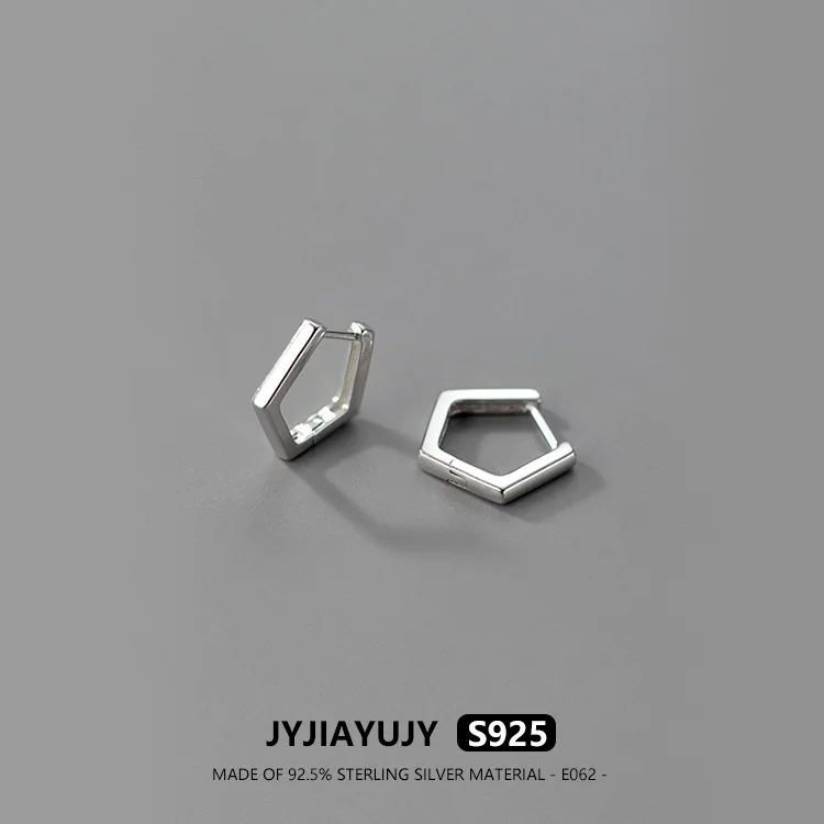 JYJIAYUJY 100% Sterling Silver S925 Hoop Earrings Smooth Surface Hexagon Shape Fashion Hypoallergenic Fine Jewelry Gift E062