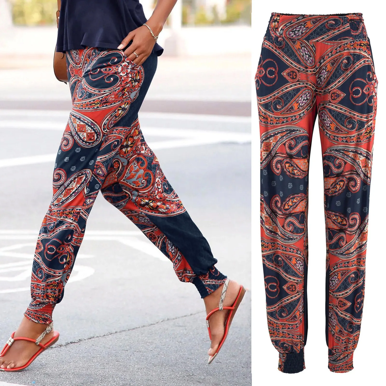 

Boho Cropped Pants Women High Waist Vintage Printing Trousers Long Pants Trousers Beach Pockets Pants Ladies Lightweight Pants