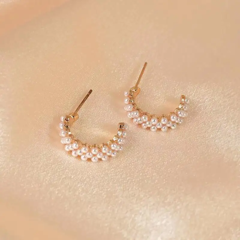 Imitation Pearl C Shape Drop Earrings for Women Party Elegant Vintage Golden Color Geometry Arc Dangle Earrings Trendy Jewelry