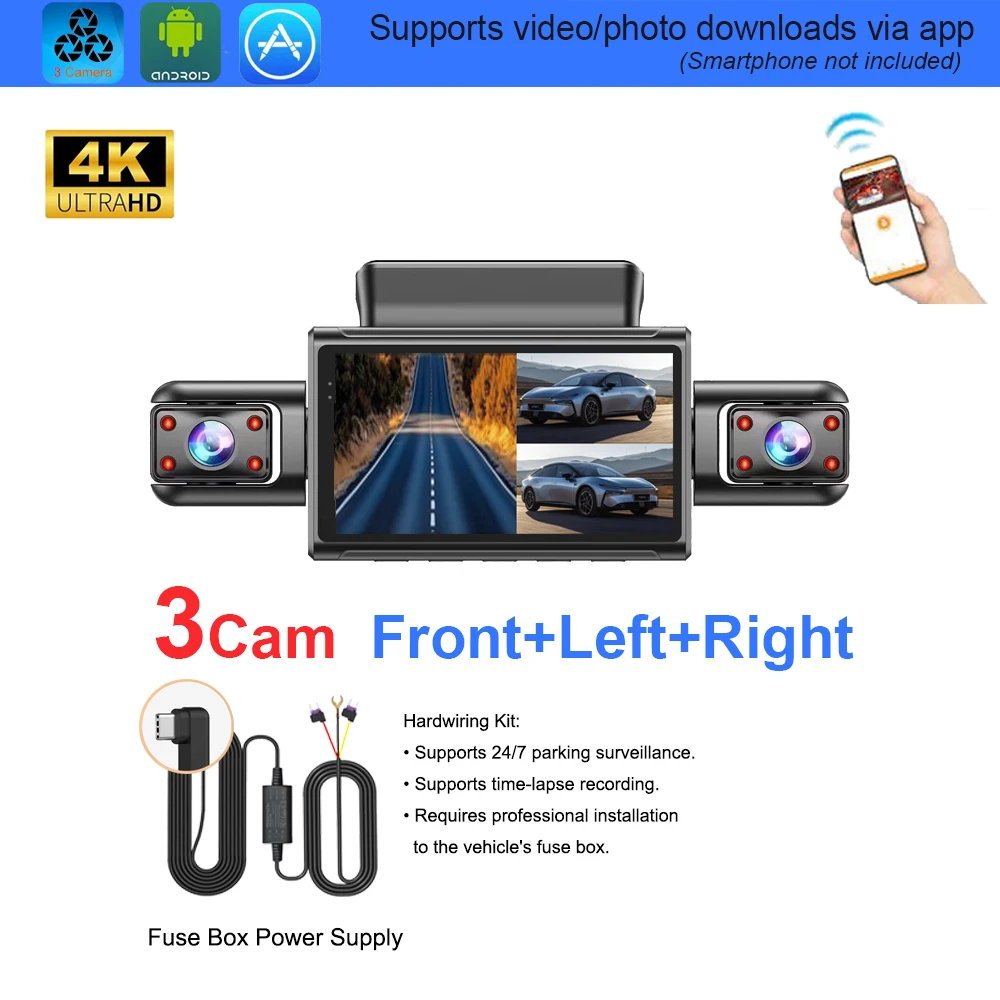 4K 4CH Verborgen Dashcam met APP Nachtzicht Bewegingsdetectie 24/7 Parkeerbewaking G-Sensor Loop Recording WDR Blackbox Auto DVR
